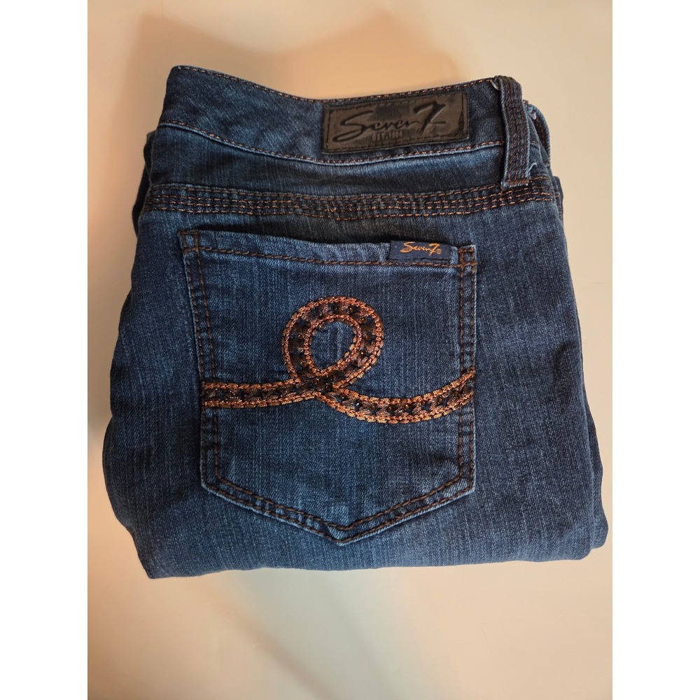 Seven7 Womens 14 Dark Wash Flare Jeans Rhinestone Pocket Stitching Bell Bottom
